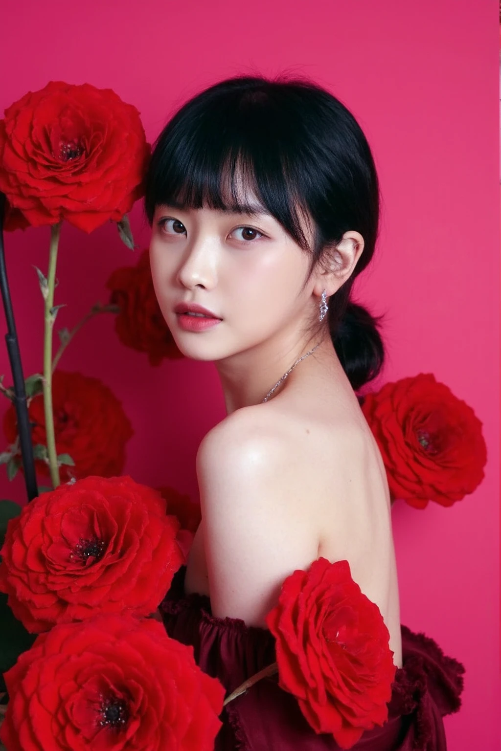 The image showcases a young woman wearing necklace and earrings with pale skin and makeup. She is positioned against a strikingly vibrant pink background, which is filled with large red rose flowers. The flowers dominate the composition, adding a dramatic and intense contrast to her skin tone and overall appearance.
The woman is dressed in dark red gown, which drapes softly over her shoulders, leaving her upper back and one shoulder exposed. Her expression is calm and slightly mysterious, with her gaze directed slightly to the side, away from the camera. The large flowers, some of which overlap with her figure, create a dreamy and surreal atmosphere, as if she is blending into or emerging from the floral background., <lora:flux_realism_lora:1>, <lora:makinaflux_gomalsook_v1.0:1>