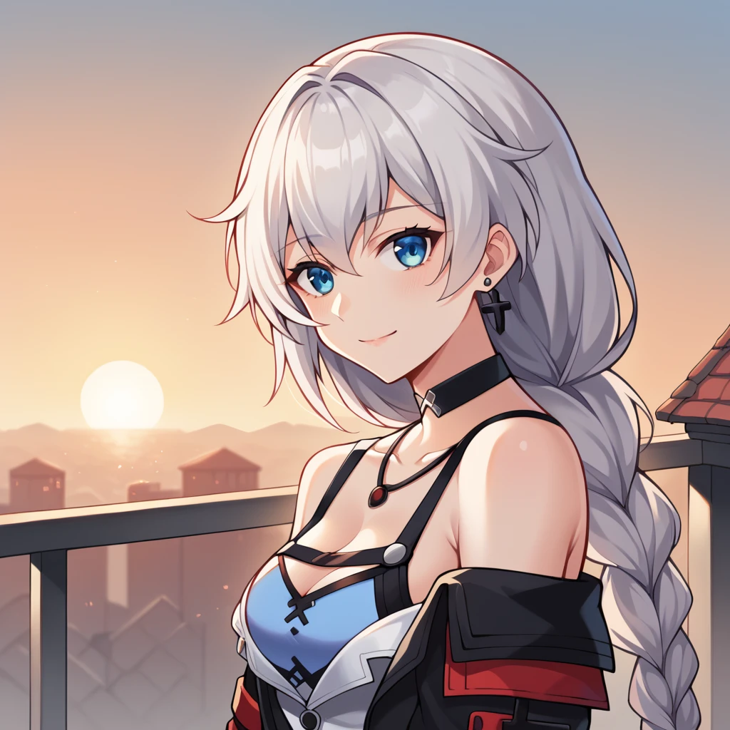 score_9_up, score_8_up, score_7_up, source_anime, 1girl, solo, Kallen, Kal_Def, sun light, sunrise, rooftop, hand on railing, looking at you, from side, angled shot, hand up in hair, gentle smile, upper body, face focus, white hair, long hair, braided ponytail, blue eyes, hair ornament, cross earrings, braided ponytail, off-shoulder jacket, red inner jacket, red strap, black jacket, long sleeves, black gloves, chest strap, shoulder straps, blue bra, see-through, white dress, pleated dress, short dress, strap dress, see-through skirt, black shorts, short shorts, white thighhighs, thigh pouch, necklace, black choker, cleavage, mature body, dynamic cowboy shot, outdoors, sky clouds background