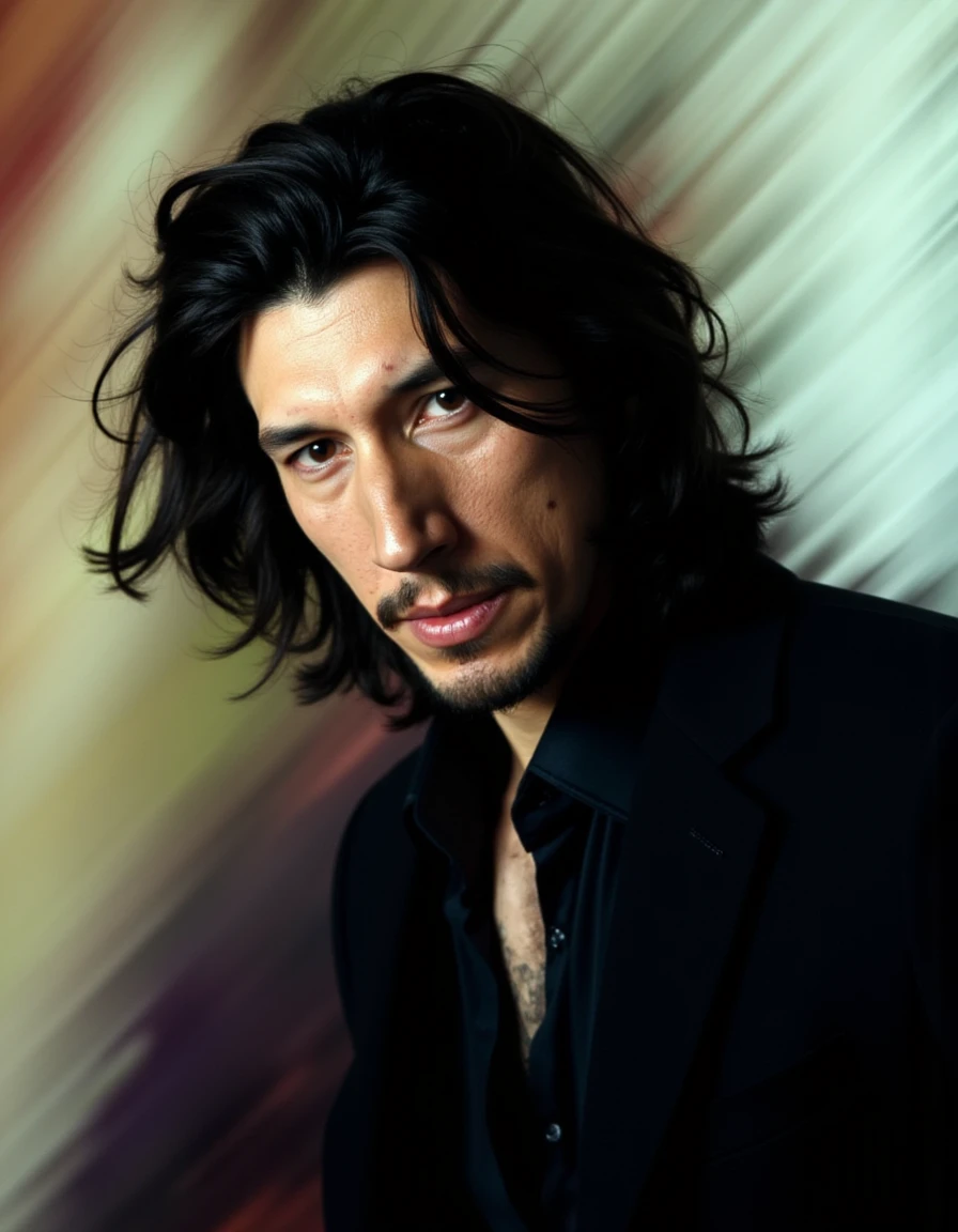 <lora:AdamDriver_FLUX:1> Adam Driver, ,a rocker man,bursting with curiosity,Photography,Motion Blur,ï»¿Abstract Photography