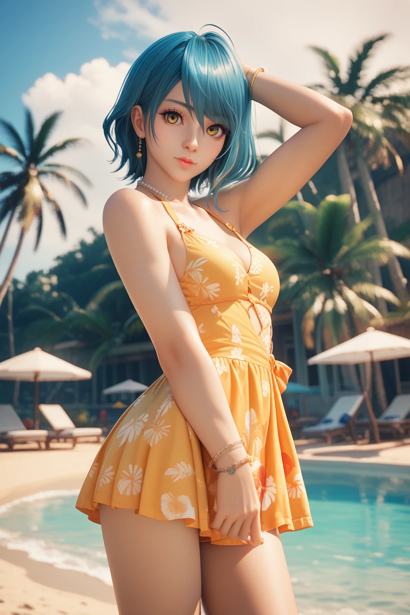 score_9, score_8_up, score_7_up, score_6_up
<lora:DOATamaki:1.0>
DOATamaki, 1girl, blue hair, yellow eyes, short hair, looking at viewer, at the beach, minidress, palm trees, sundown
