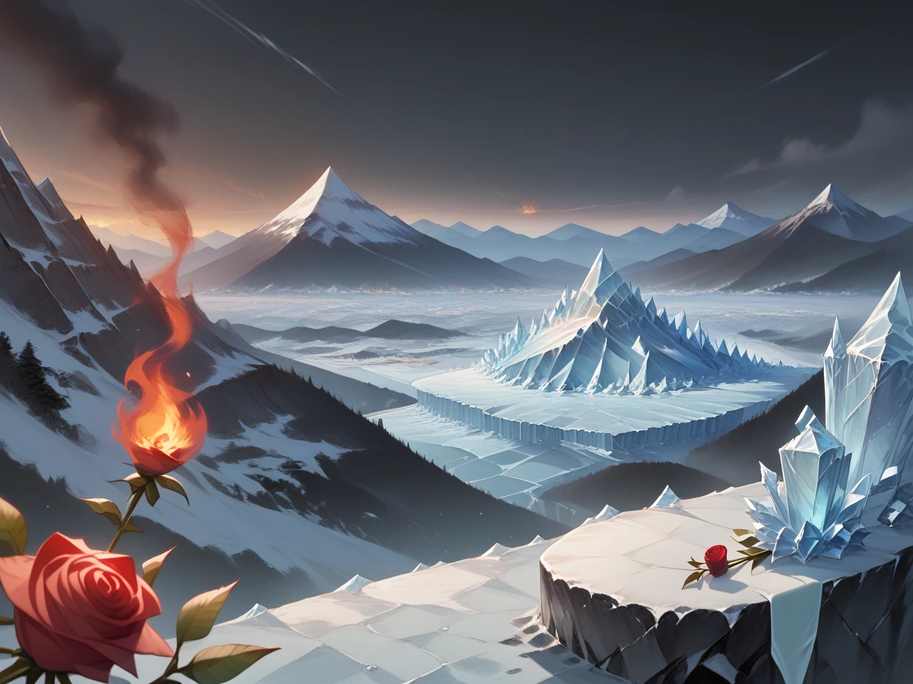 Drestoria-Style_V2, (masterpiece), (best quality), source_anime+, perfect anatomy, HD, 10k Res, digital_media_(artwork) hi_res, intricate, high quality, amazing quality, illustration, (noir, fantasy) theme, (rose, ice, fire, mountain, scenery, no humans)
