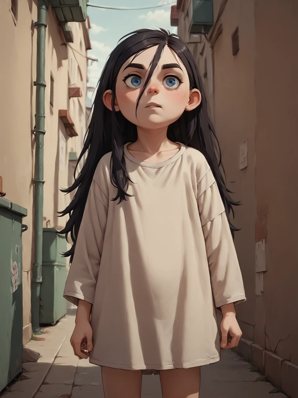 score_9, score_8_up, score_7_up,  score_6_up, BREAK, WolTruffles, 1girl, solo, black hair, long hair, hair between eyes, blue eyes, child, shirt, oversized clothes, alley  <lora:Truffles:1>