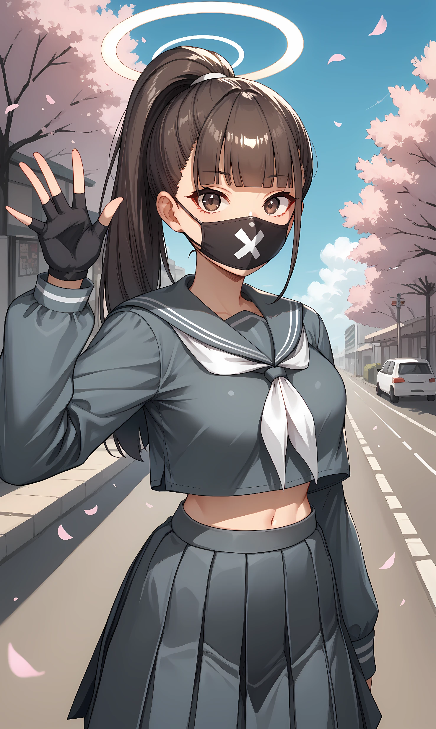 score_9, score_8_up, score_7_up, source_anime, 1girl, solo, outdoors, street, cherry blossoms, cowboy shot, standing, looking at viewer, shiny skin, sukeban, brown eyes, brown hair, long hair, ponytail, blunt bangs, halo, mouth mask, school uniform, grey shirt, long sleeves, black gloves, fingerless gloves, grey serafuku, white neckerchief, grey skirt, pleated skirt, midriff, navel, high heels, waving 