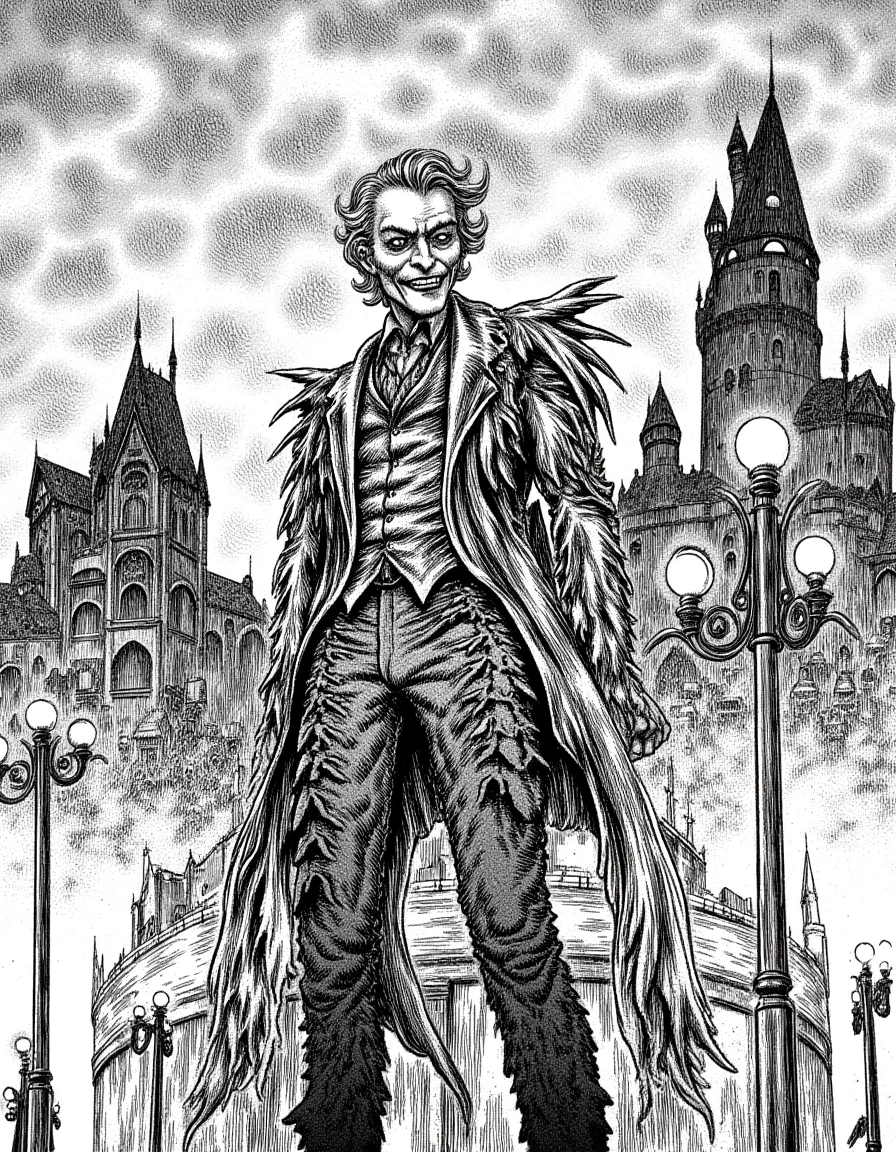 Highly detailed black and white ink drawing by Kentaro Miura of The Joker stands in a dynamic pose, exuding a blend of chaos and charisma. His wide grin, filled with sharp teeth, is accentuated by deep shadows that contour his gaunt face, making his eyes gleam with manic intensity. Adorned in a tattered suit that dances with intricate linework, every fold and crease exudes a palpable sense of movement, as if he's poised to leap into action.

Behind him, Gotham City looms ominously, its towering gothic architecture rendered in sharp contrasts. Abstract silhouettes of crooked buildings rise against a swirling, tumultuous sky, where thick clouds appear to thunder with impending doom. Flickers of light from scattered streetlamps illuminate the scene, casting erratic reflections that dance along The Joker's maniacal features.