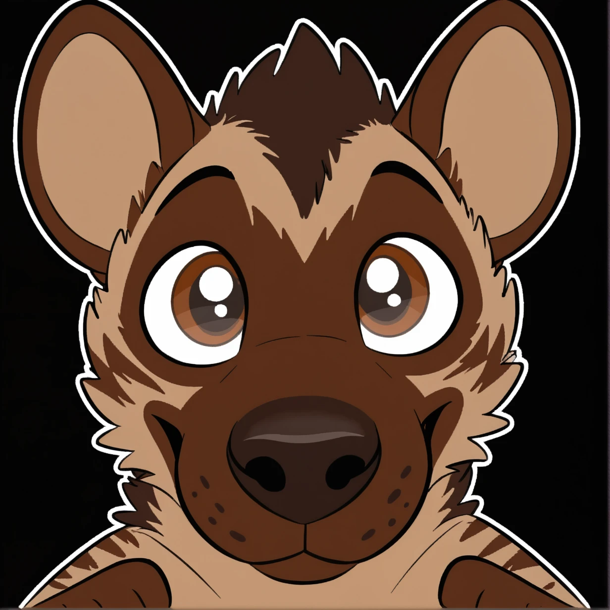 <lora:pulex_sticker:0.75>, pulex, telegram sticker, striped hyena, brown fur, brown eyes, muzzle close up, sniffing, fisheye view, solo, big nose, black background, white outline,