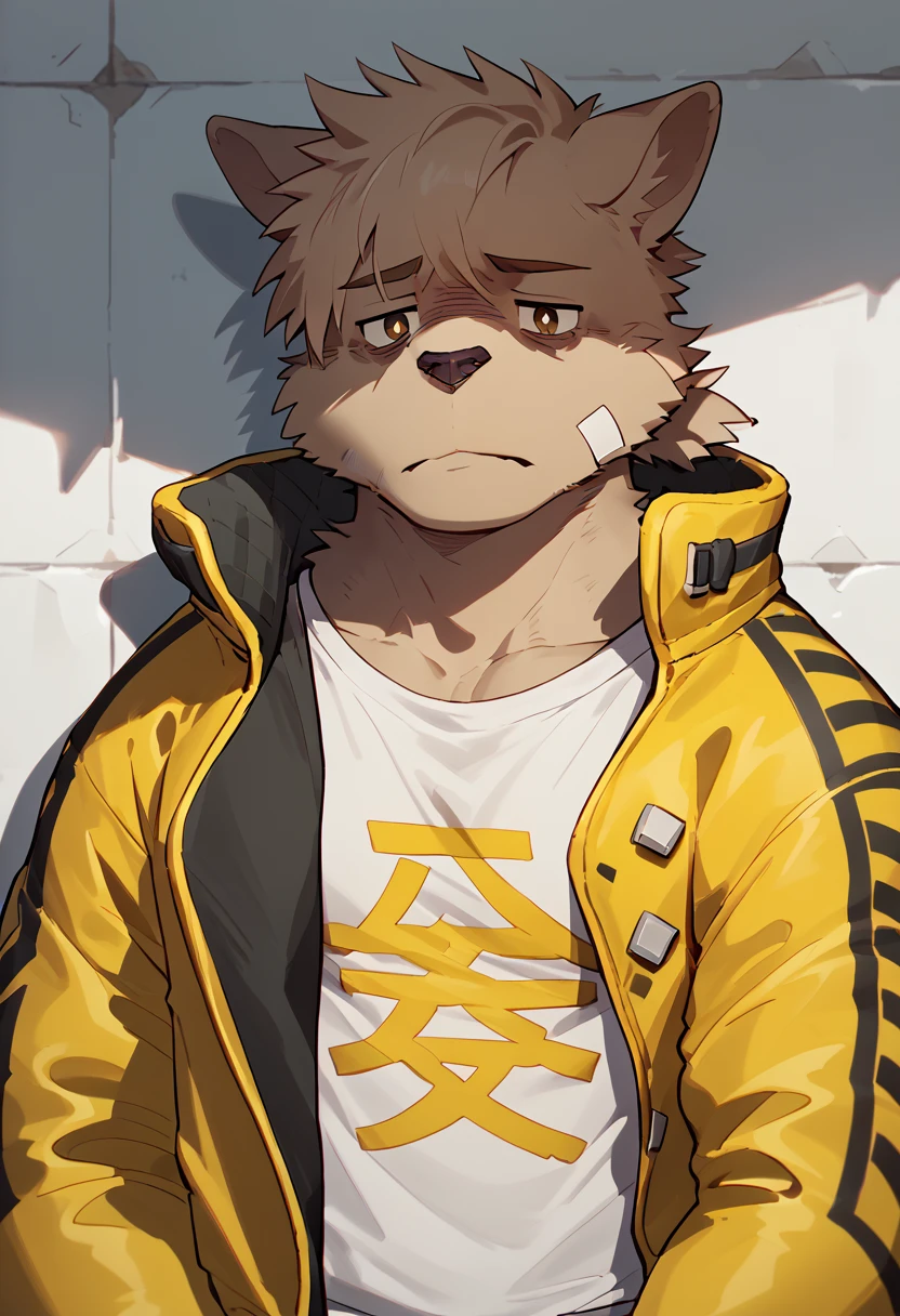 score_9, score_8_up, score_7_up, high quality, hires, 4K, solo, pr0t4g0n1st, dog_x_bloods, muscular, furry, short hair, jacket, white shirt, bandaid, looking at viewer, tired, <lora:Protagonist_DOG_X_BLOODS:1>