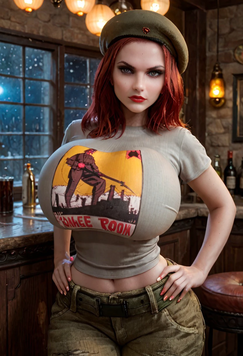 score_9, score_8_up, score_8, damsel, vtmb, red hair, lipstick, grey eyes, green beret,  tight grey tshirt, tshirt, pale skin, green cargo pants, big breasts, huge breasts, narrow waist, wide hips, beautiful, stern expression, huge breasts, round breasts, ((large breasts)), breasts, (perky big breasts), perfect round elastic breasts, 1girl, perfect eyes, dark bar, bar room, amber lights, rimlight, perfect hands, ((narrow waist)), huge ass, PVC figure, closed mouth, skindentation, realistic, night time, dark,