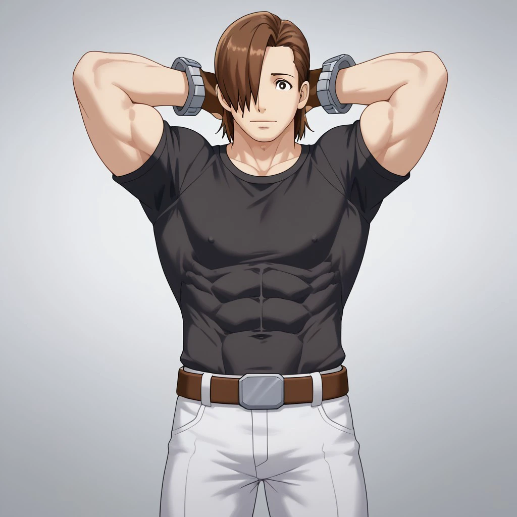 Matt Engrade, 1BOY, Brown Hair, Solo, brown fingerless Gloves, Belt, Pants, short sleeves, Black shirt, Hair over eye, Hands behind head, Muscular, Abs showing through shirt, Big pecs, ng_deepnegative_v1_75t, negative_hand