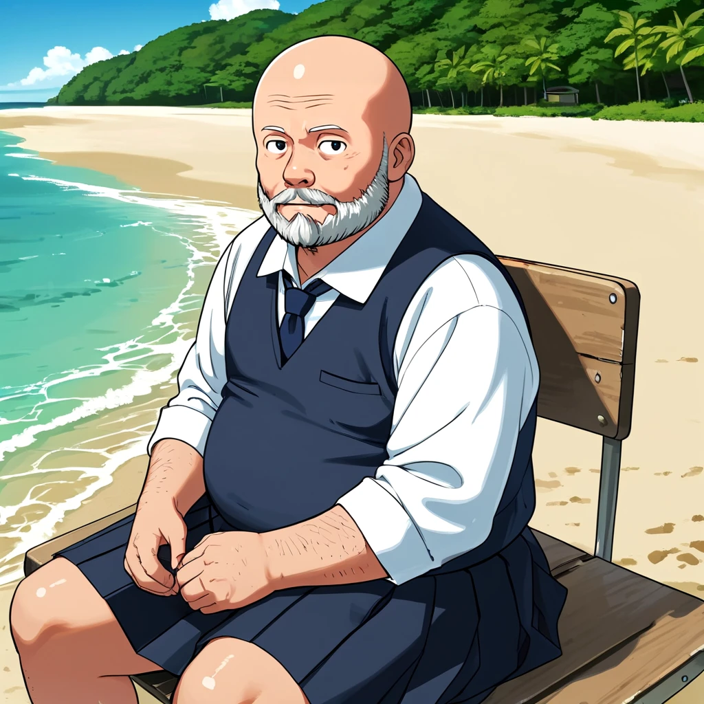 beard bald fat man, <lora:2000s_Poster_Color_SDXL:0.5>, school uniform, beach, outdoors, sitting, large eyes