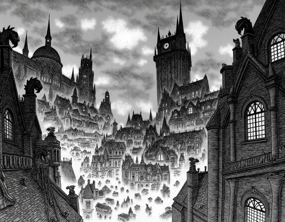 Highly detailed black and white manga style ink drawing by Kentaro Miura, the sprawling metropolis of Gotham City comes to life in astonishing detail. The architecture is a compelling juxtaposition of gothic and modern elements; towering skyscrapers with sharp angles and jagged silhouettes pierce the cloud-laden sky, their sheer walls adorned with intricate carvings and ominous gargoyles that seem to gaze down with watchful eyes. 

Winding through the city, dimly lit alleyways snake between colossal buildings, their cobblestone paths glistening with remnants of a recent rain, reflecting the faint glimmers of distant streetlights. A layer of fog clings to the ground, lending a ghostly quality to the scene, while the sound of distant thunder rumbles ominously, enhancing the bleak atmosphere. 

The foreground features a bustling street, where shadowy figures scurry about, their faces obscured but their hurried movements palpable, creating an air of urgency. Nearby, a decrepit old clock tower looms, its hands frozen at midnight, symbolizing the perpetual darkness that envelops Gotham. Each window in the surrounding buildings seems to tell a story, some flickering with life, while others remain dark and lifeless, hinting at secrets hidden within.