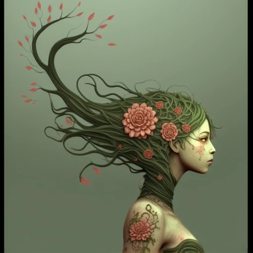 vines, hair flower, closed eyes, yellow eyes, rose, floating hair, green hair, nature spirit, petals, profile, tree nymph, dryad, plant girl