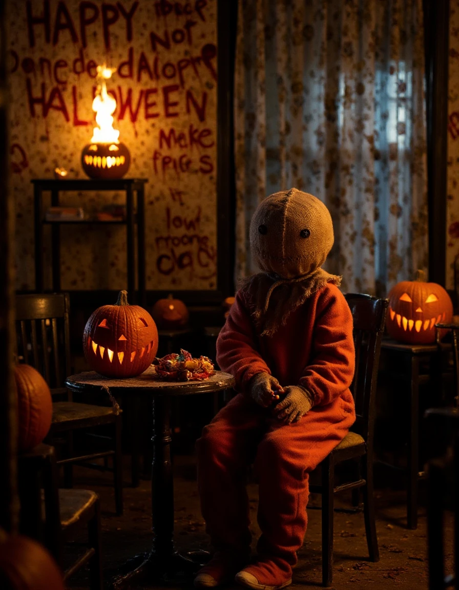 <lora:Sam_Flux:1> halloween night, cafe decorated for halloween,  jack-o-lanterns, sitting drinking a hot coca, table is covered in candy bars.