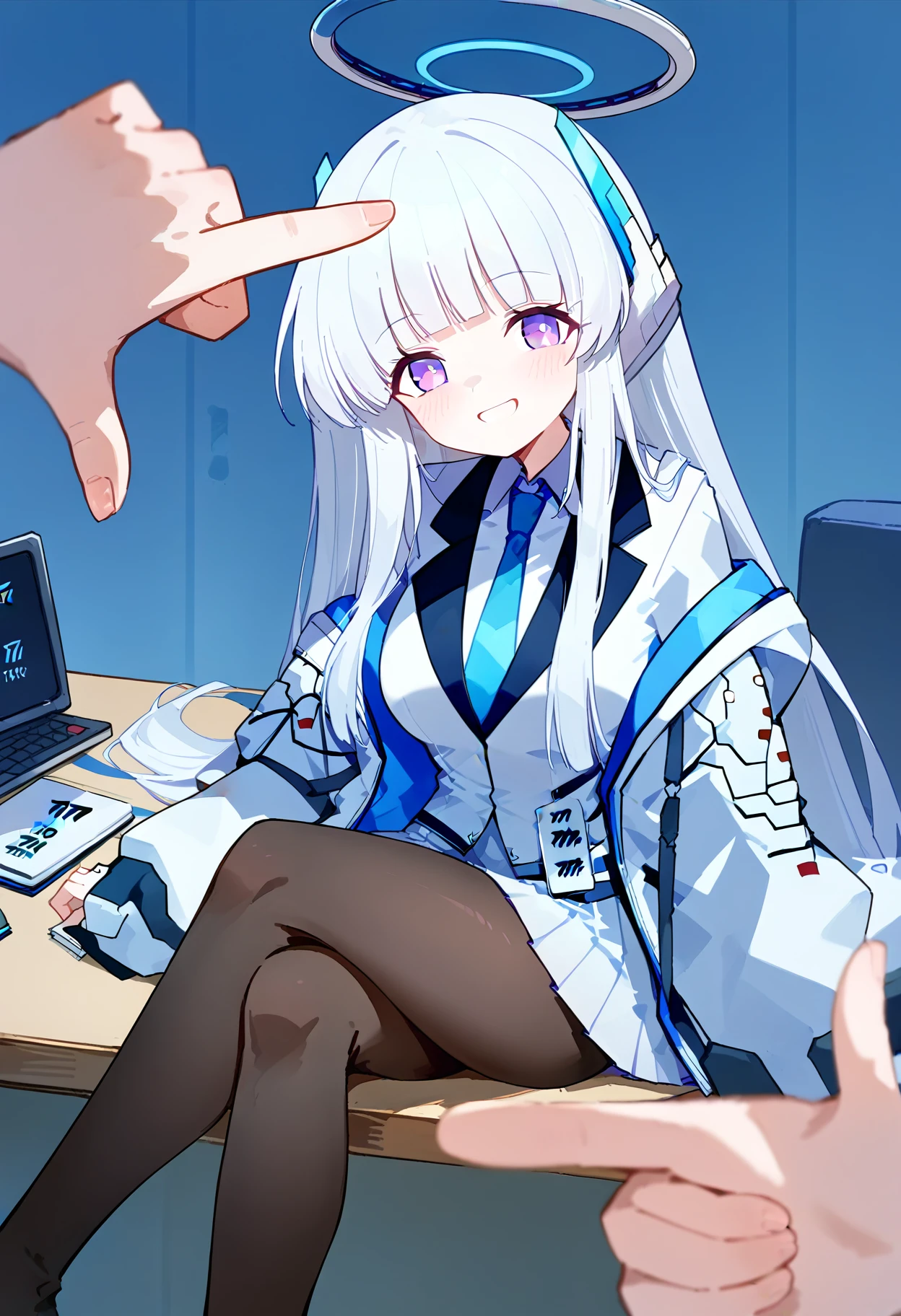 score_9, score_8_up, score_7_up, source anime, finger frame, pov hands, finger gun, noa \(blue archive\), 1girl, solo, purple eyes, long hair, headphones, mechanical halo, long hair, white hair, blush, white suit, id card on suit, blue necktie, pleated skirt, white jacket, open jacket, pantyhose, smile, hands on own leg, crossed legs, sitting, office,