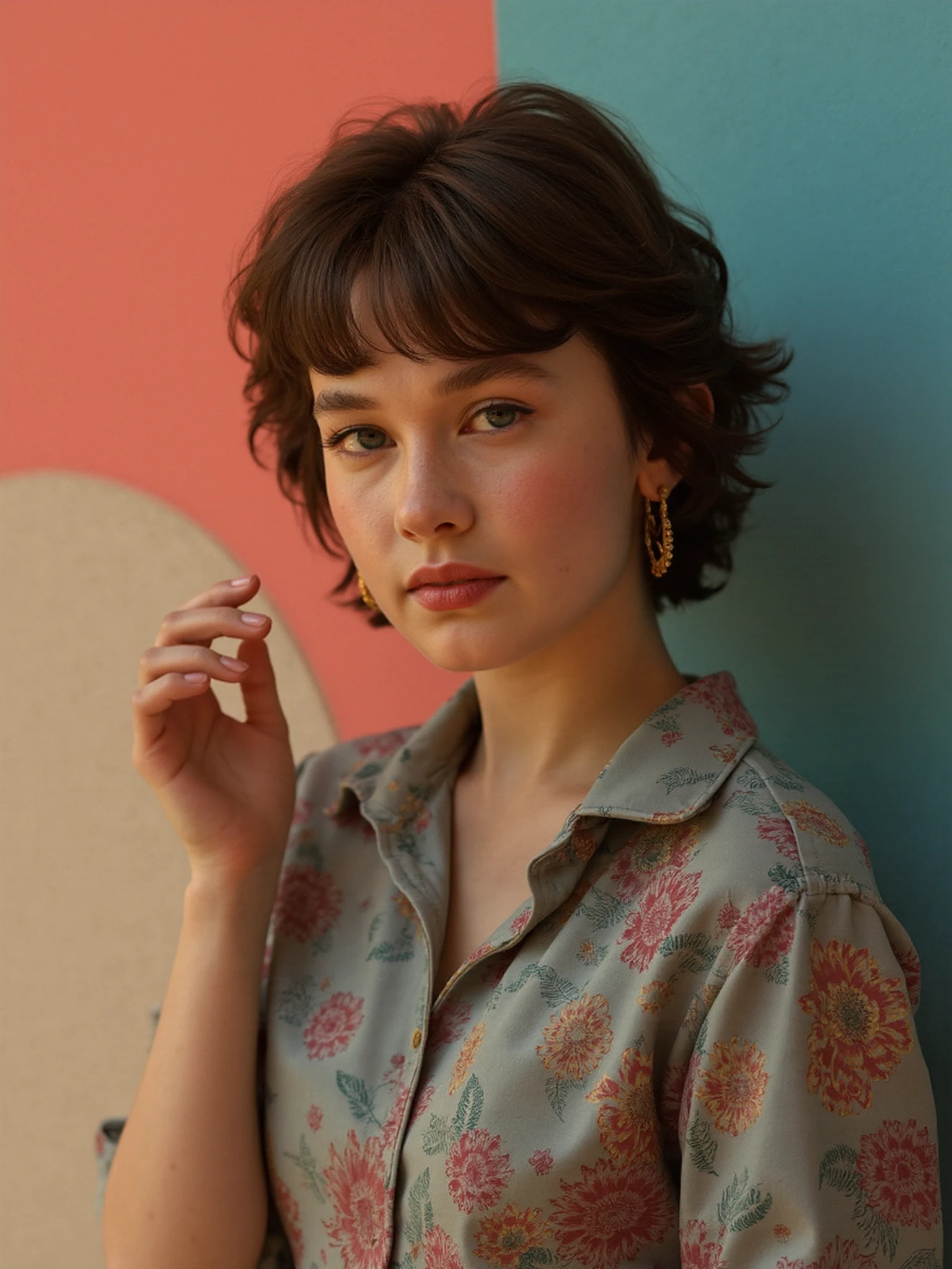  retro filter,  woman c41l33,film grain,.woman cailee spaeny posing with a unique composition outdoor backdrop for creative artistic photography. dynamic pose. she looks confident. she is wearing a floral-print short-sleeve button-down shirt. geometric shapes, 



