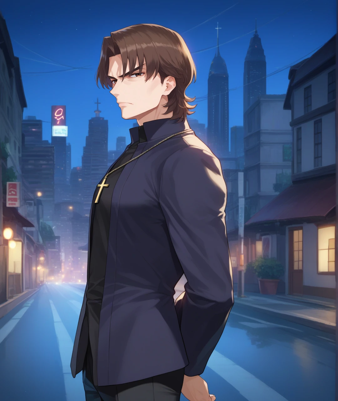 score_9, score_8_up, score_7_up, score_6_up, source_anime,outside, city, dark, night sky, from side, 
BREAK
kotominekirei, cross necklace, 1boy, male focus, kotomine kirei, cross, necklace, priest, jewelry, solo, brown hair, looking at viewer, brown eyes, short hair, black pants, long sleeves, cheekbones, cassock, pants, arms behind back, parted bangs, side eye, angry, 
<lora:kireikotomine:0.7>