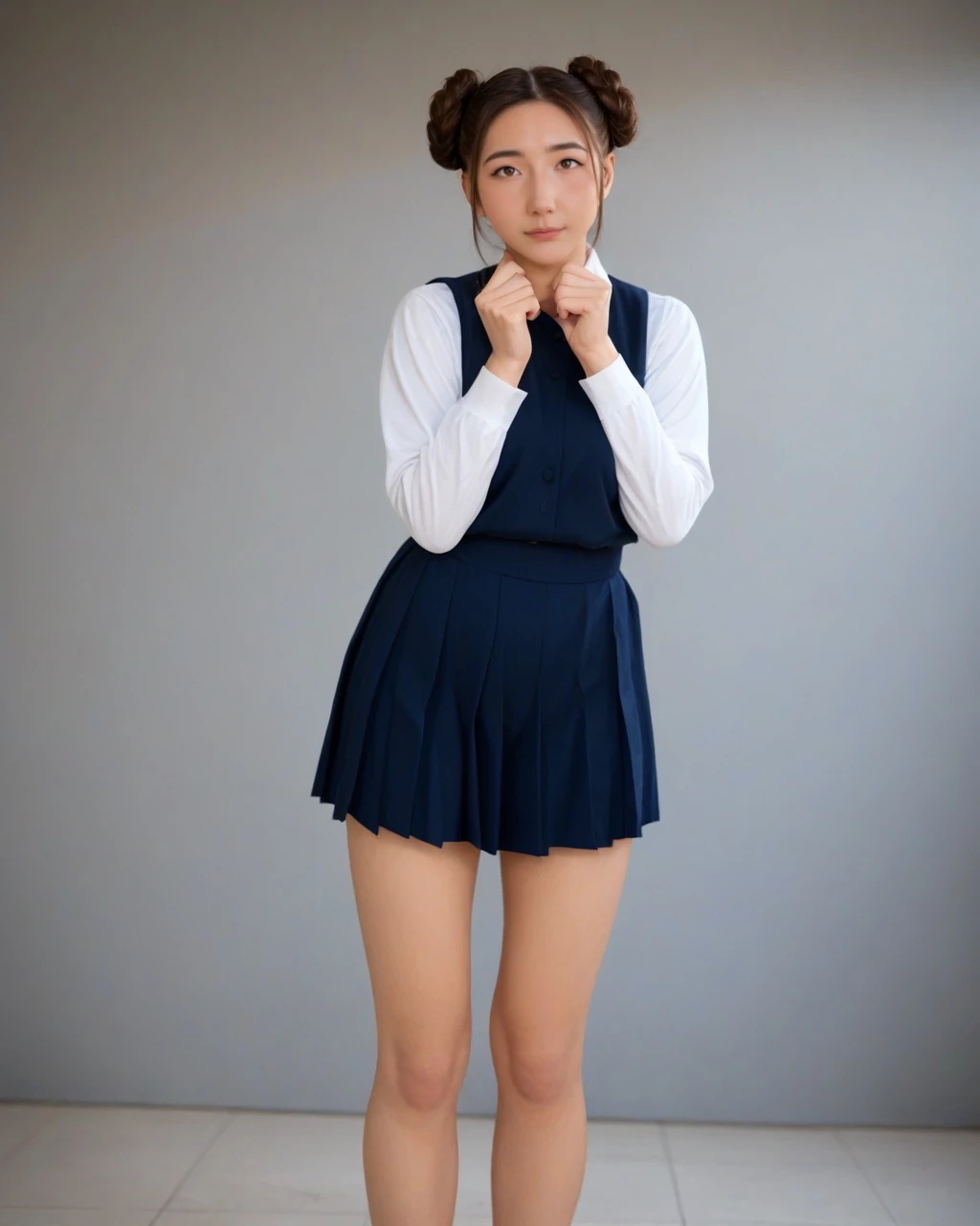 1girl, solo, sfw, brown hair, brown eyes, (happy:0.5), (full body:0.7) (curvy body:0.4), (eyeliner:0.8), <lora:xChocobarsXLdense:1>, double bun hairstyle, white and blue schoolgirl outfit, soft lighting, bokkeh effect, depth of field, film grain, score_6_up