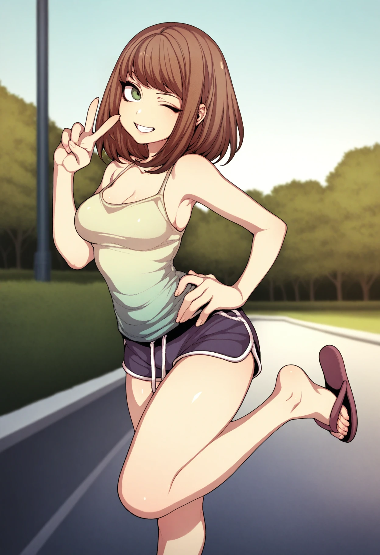 fishine, 1girl, solo, brown hair, medium hair, green eyes, medium breasts, hand on hip, camisole, dolphin shorts, flip flops, outdoors, park, looking at viewer, peace sign, one eye closed, grin
<lora:artist-fishine-illust:1>