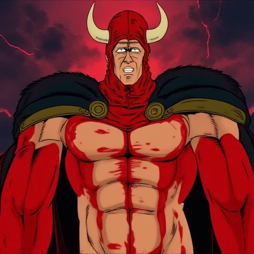 Anime illustration of a cartoon character with a bull horned helmet and cape he standing nude covered in BLOOD.
F1sT0fTh3N0rth style