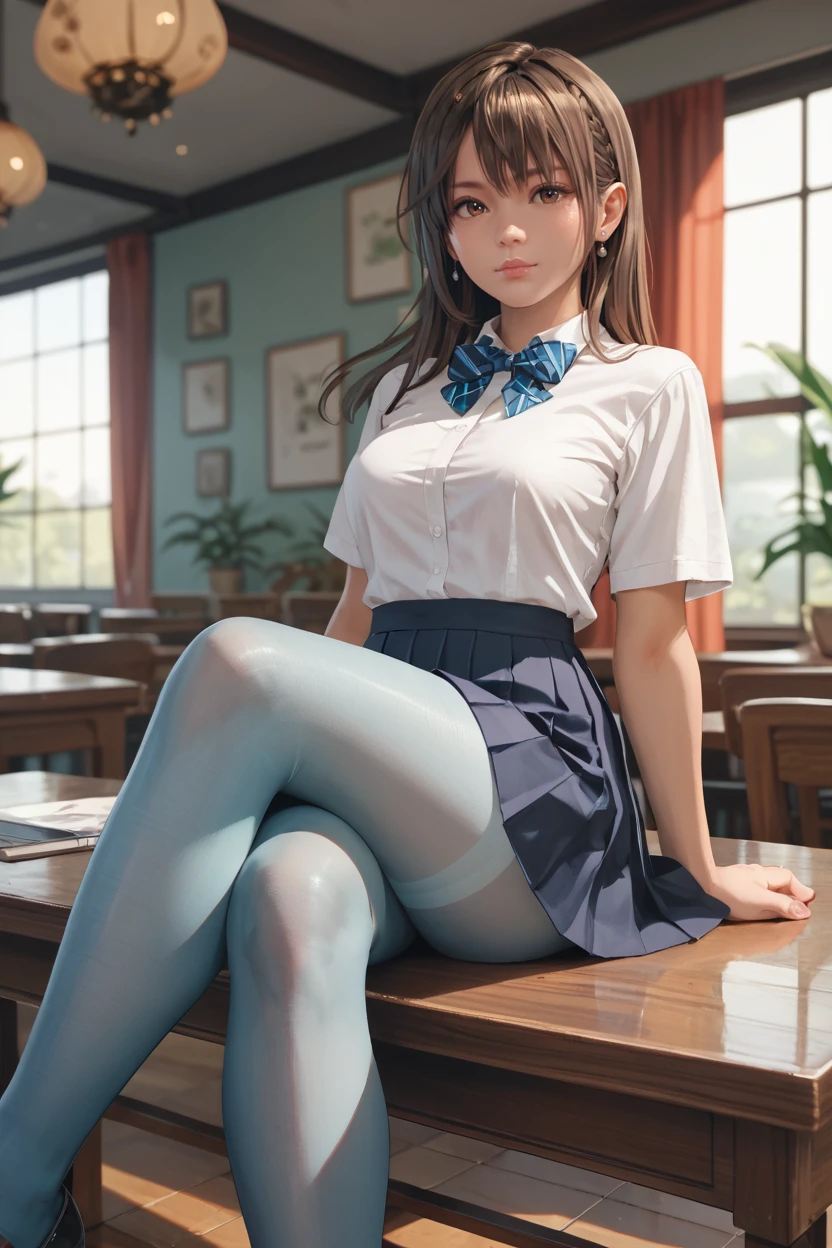 <lora:doa_misaki:0.9> misaki, blouse, pleated skirt, bowtie, pantyhose, indoors, sexy, sitting on table, crossed legs, score_9, score_8_up, score_7_up, zPDXL3