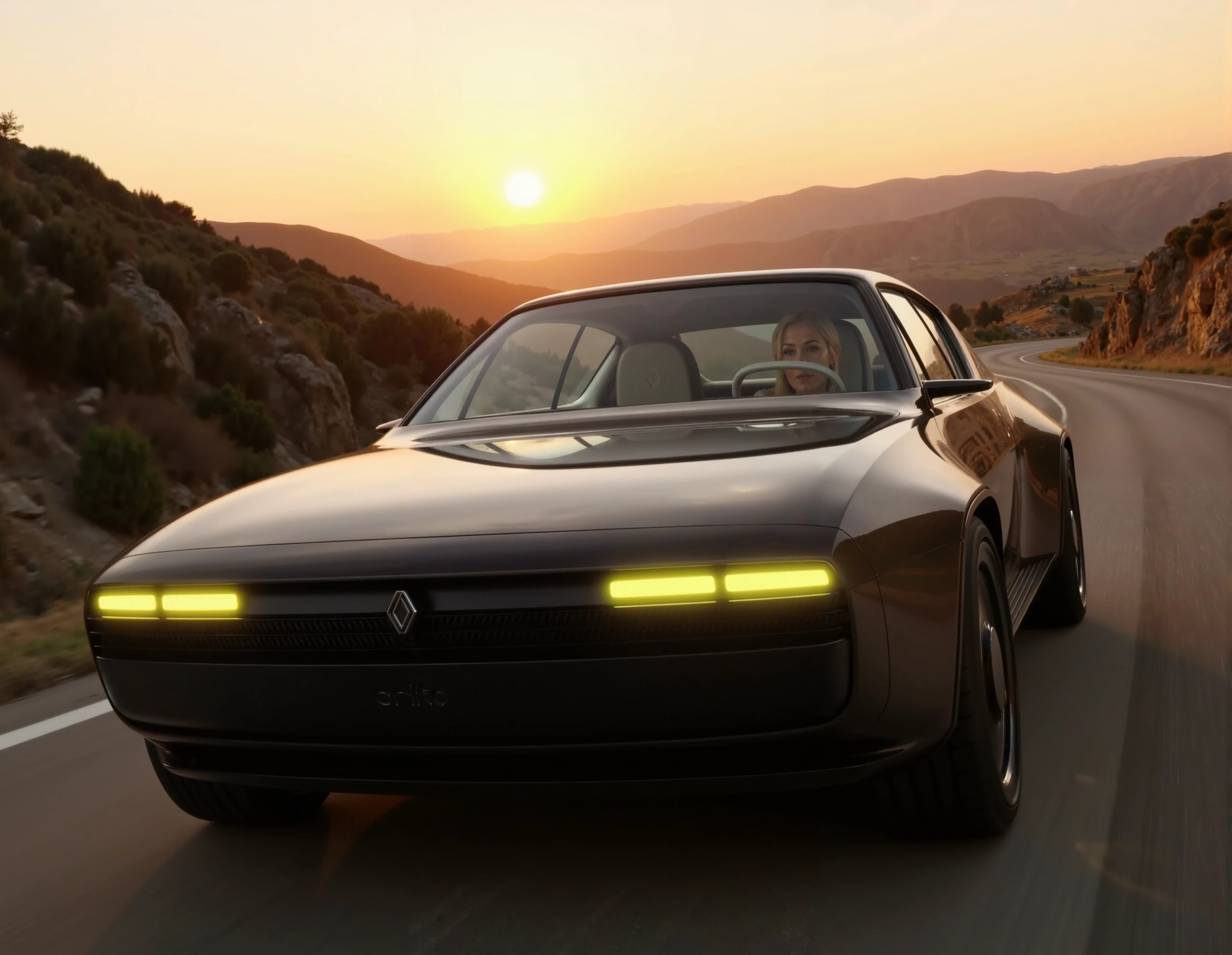 dynamic and cinematic scene featuring a Renault R17 driving along a winding road at sunset.blonde female driver, The R17, with its sleek black and silver design, sharp angular body lines, and distinctive headlights, dominates the foreground as it moves toward the camera. The glowing LED headlights pierce through the dimming light, adding a futuristic edge to the car’s appearance.

In the background, the sun sets behind distant mountains, casting golden rays across the landscape and illuminating the contours of the road. The warm colors of the sunset—shades of orange, gold, and deep reds—reflect subtly off the car’s polished surface, enhancing its refined yet powerful presence. The scene captures a sense of motion, luxury, and adventure, blending the natural beauty of the sunset with the cutting-edge design of the Renault R17