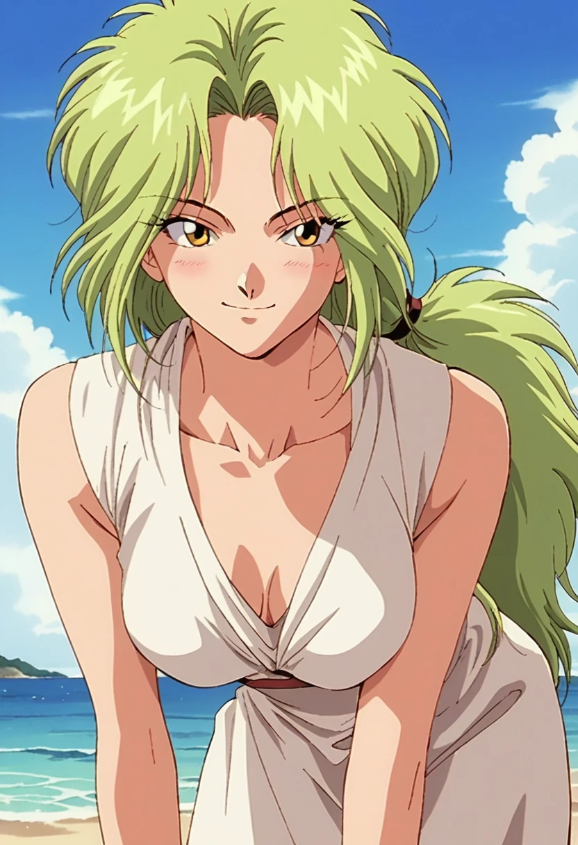 score_9, score_8, score_7, 1girl, solo, BREAK 

yyhkokou, long hair, light green hair, yellow eyes, 1990s \(style\), retro artstyle, low ponytail, black pupils, face focus, leaning forward, portrait, blush, light smile, long white dress,  

beach, ocean,  
