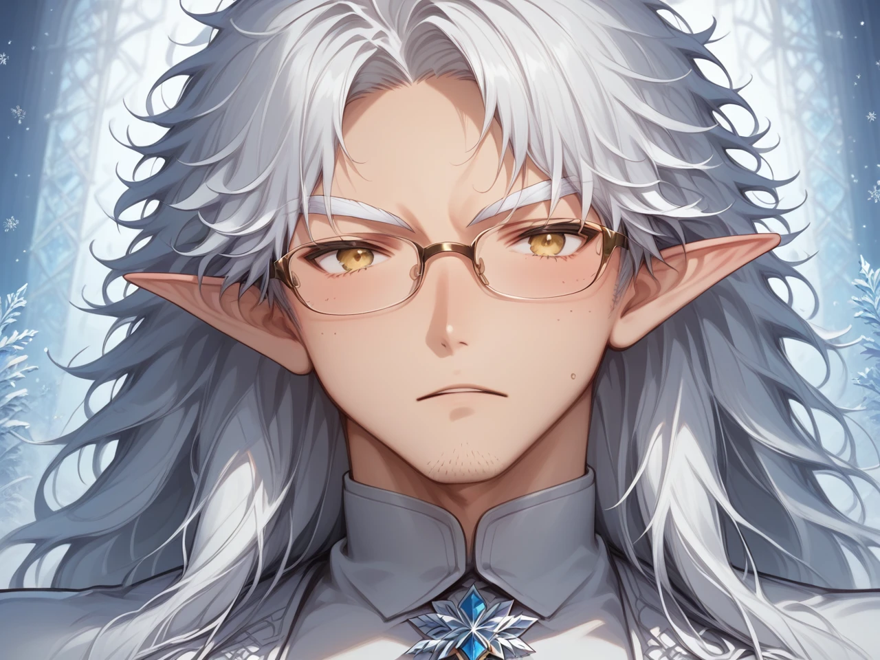 Drestoria-Style_V2, 

(masterpiece), (best quality), source_anime+, perfect anatomy, HD, 10k Res, digital_media_(artwork) hi_res, intricate, high quality, amazing quality, Highly Detailed, Expressive Face, (1boy, (Stubble), Gold Eyes, (Thin Glasses, Rectangular), Not Handsome, Average, ((White Hair, White Eyebrows) Long Hair, Thick Hair, Twenty Years Old, Frost_Elf)), ((Fully Body))