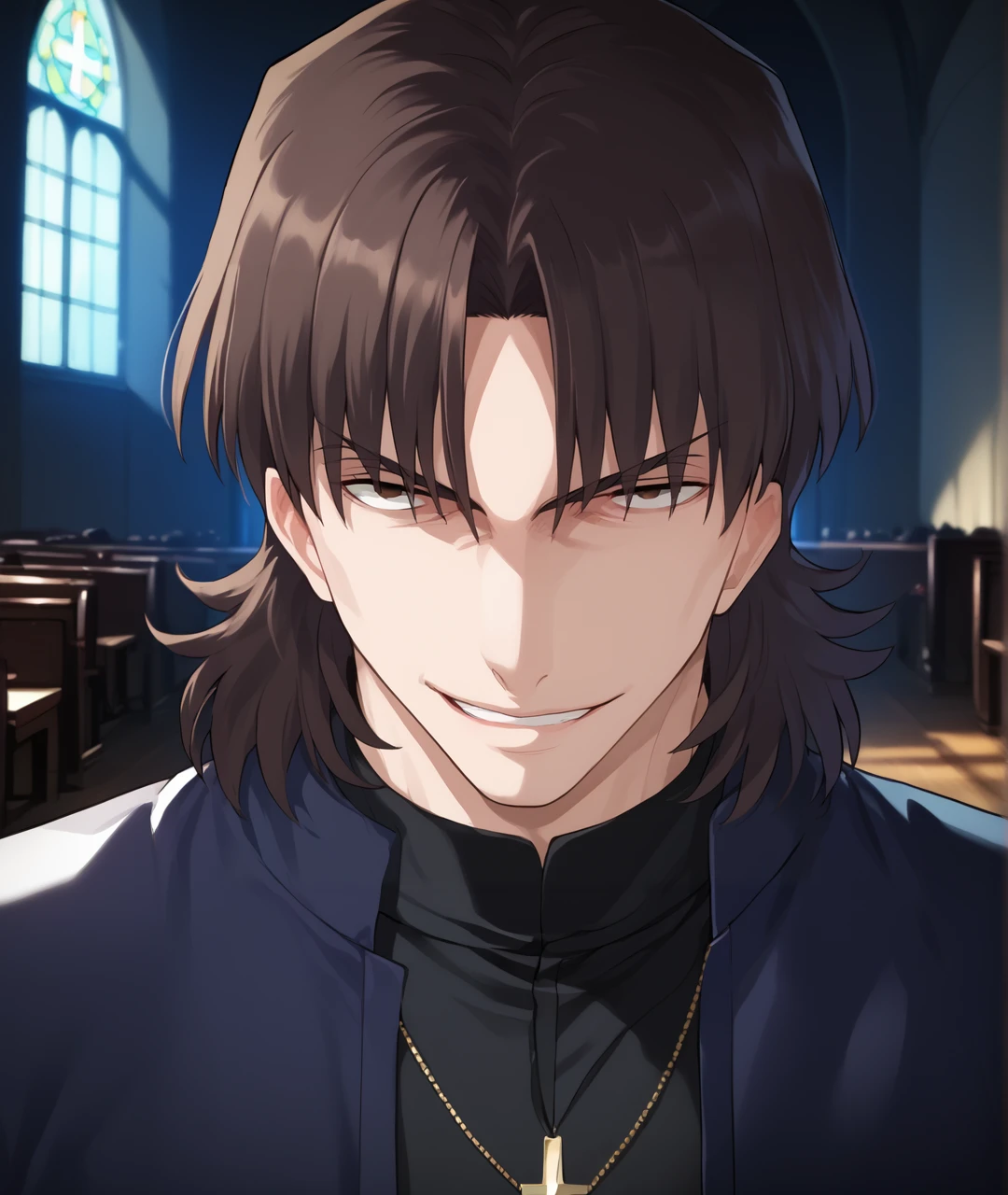 score_9, score_8_up, score_7_up, score_6_up, source_anime,church, indoors
BREAK
kotominekirei, kotomine kirei, 1boy, brown hair, brown eyes,long coat,black shirt,cross necklace, smile, grin, evil smile, looking at viewer,
<lora:kireikotomine:1>  <lora:JustAsPlannedMeme_pdxl_Incrs_v1:0.8>