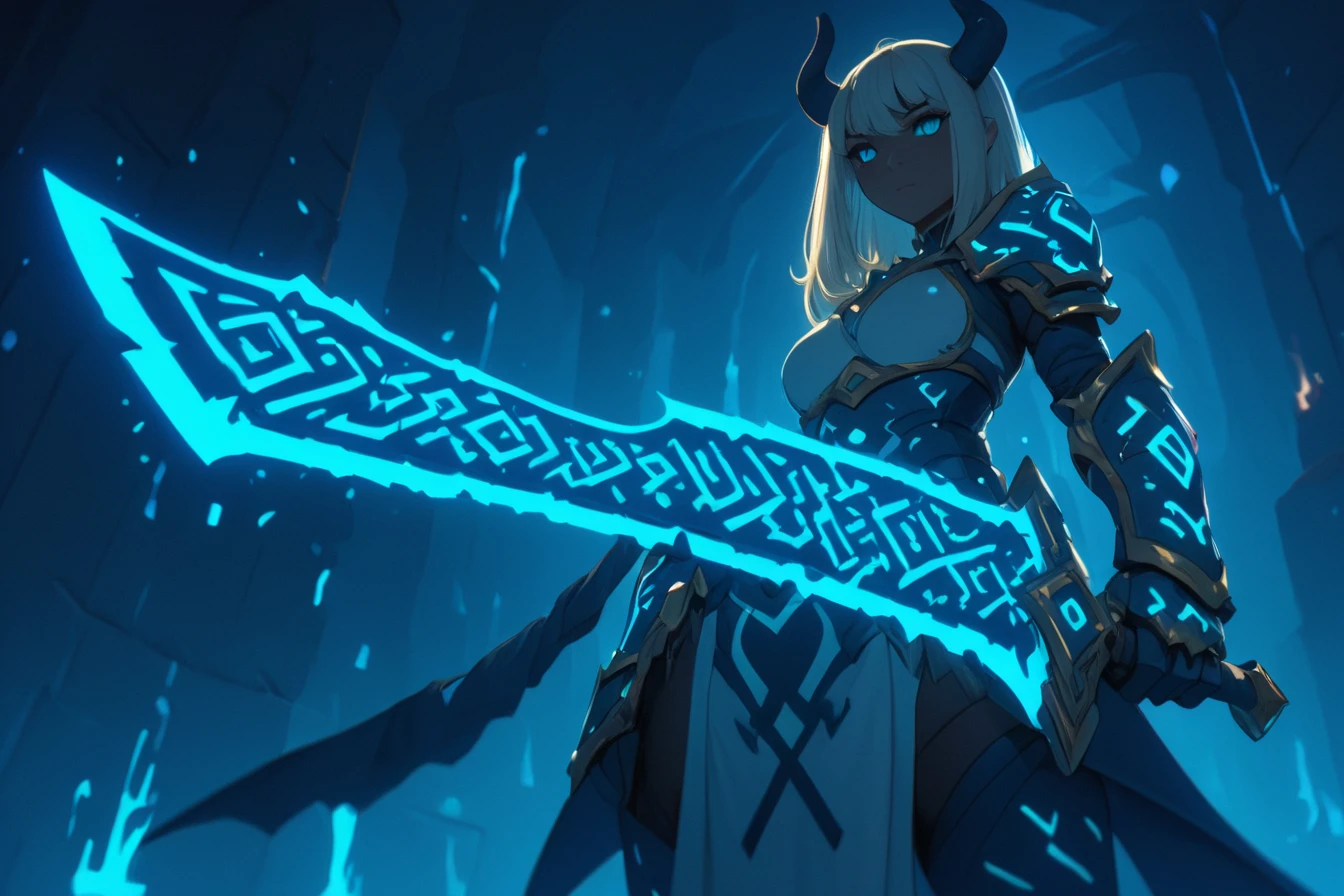 A demon woman with horns in armor holding a sword, the blade is outlined in glowing and had glowing symbols along the blade, dungeon in background, runesword, masterpiece, best quality, highly detailed, sharp focus, dynamic lighting