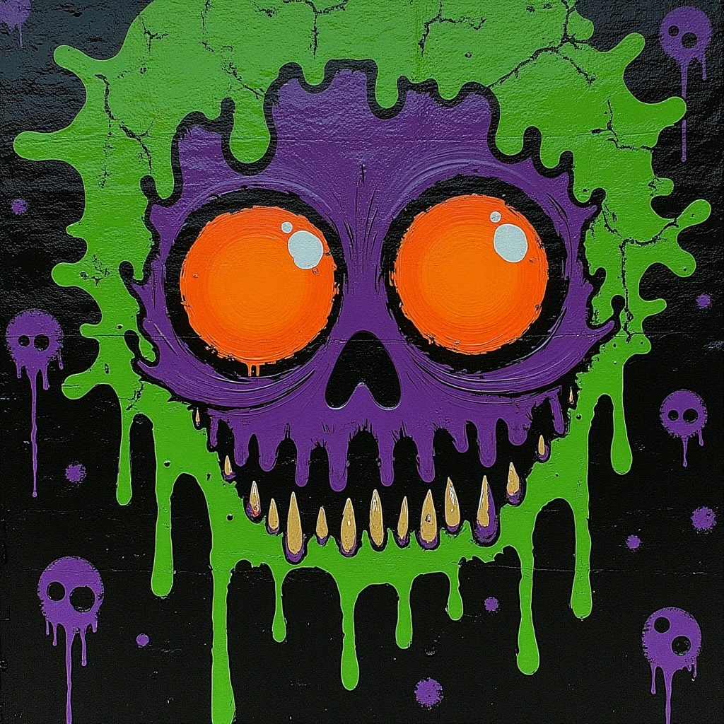 toxic street trash, street art, monster face, green, orange, purple