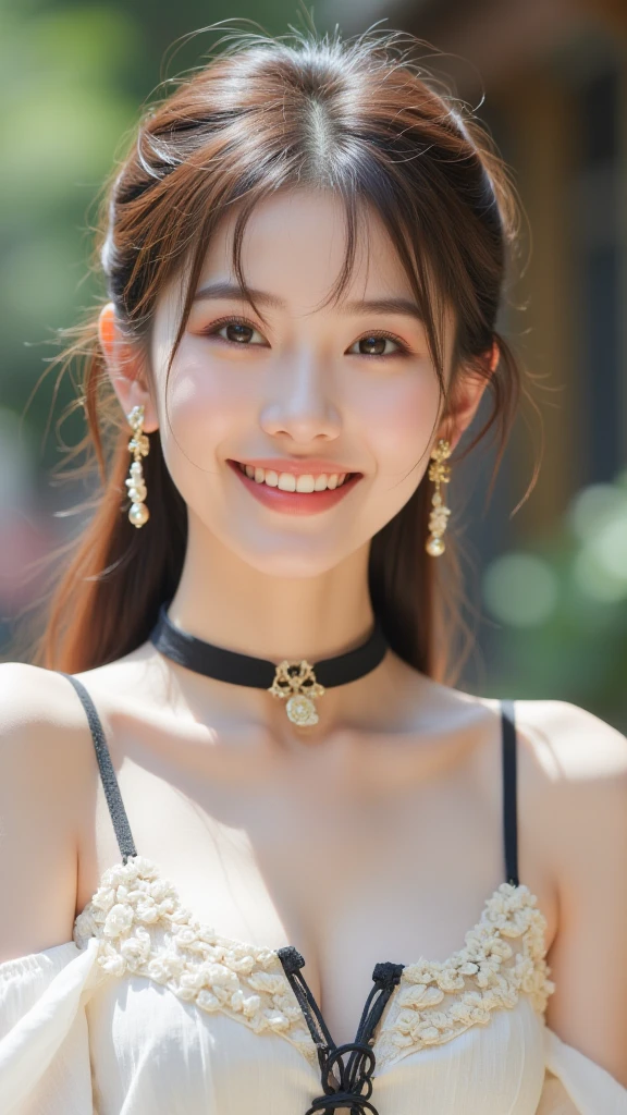 chinese girl smile,realistic photography,in the sunshine,upper body,dynamic clothes,choker,earrings,