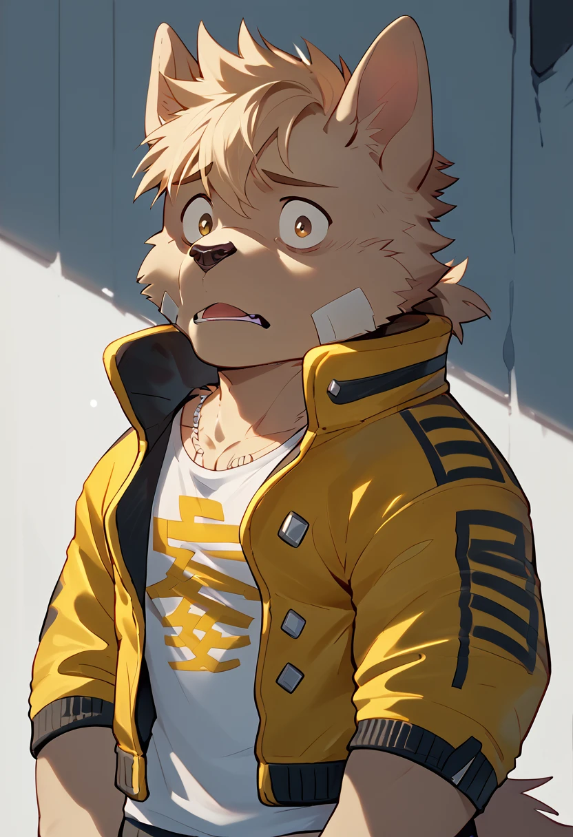 score_9, score_8_up, score_7_up, high quality, hires, 4K, solo, pr0t4g0n1st, dog_x_bloods, furry, chibi, cute, shocked, short hair, jacket, muscular, pectorals, looking at viewer, <lora:Protagonist_DOG_X_BLOODS:1>