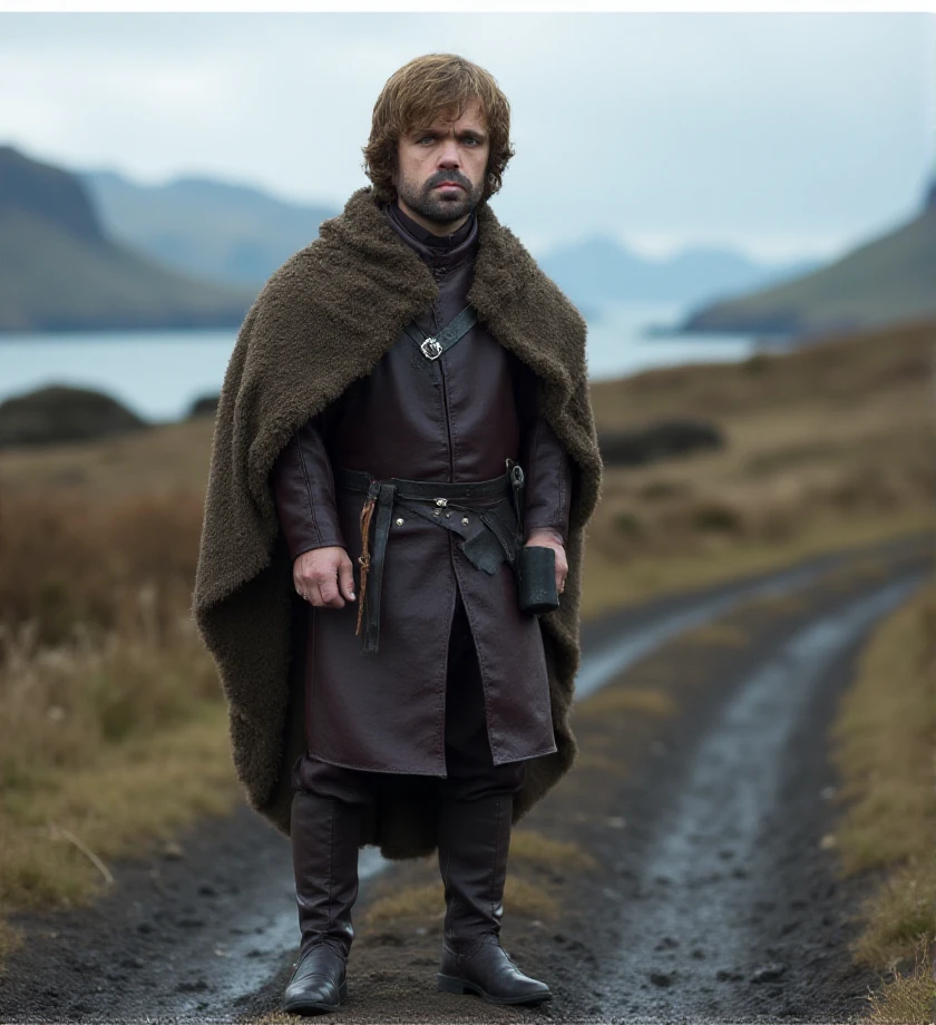 f/2.8 , bokeh,  <lora:tyrion-lannister-flux-t1or4:1.2> t1or4, man, game of thrones style, t1or4 wears practical travel attire: a dark brown leather jerkin, sturdy boots, and a thick, worn-out cloak, ideal for long days on horseback. He is on a dirt road near Casterly Rock, with a cold wind blowing from the sea and distant mountains creating a menacing backdrop.