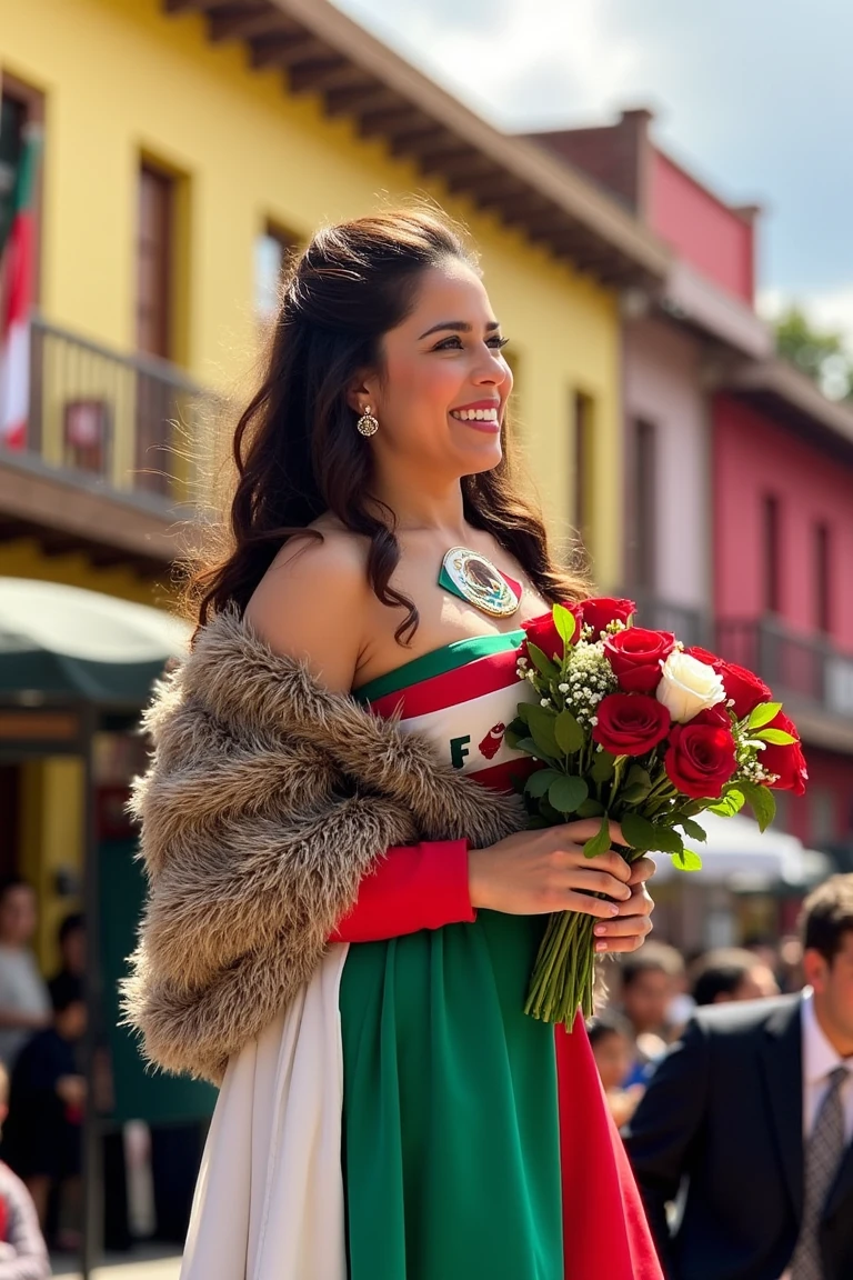 Ana Claudia Talancon wearing a Mexican dress in green, red, and white colors, with a Mexican flag insignia on her chest, draped in a zarape. She holds a bouquet of roses with red and white flowers and green leaves, standing on a stage in a Mexican town. The stage is set against a backdrop of vibrant town life, bathed in warm, natural light. Ana Claudia delivers a speech with a radiant smile, looking out at the audience, capturing the essence of a heartfelt and patriotic moment.