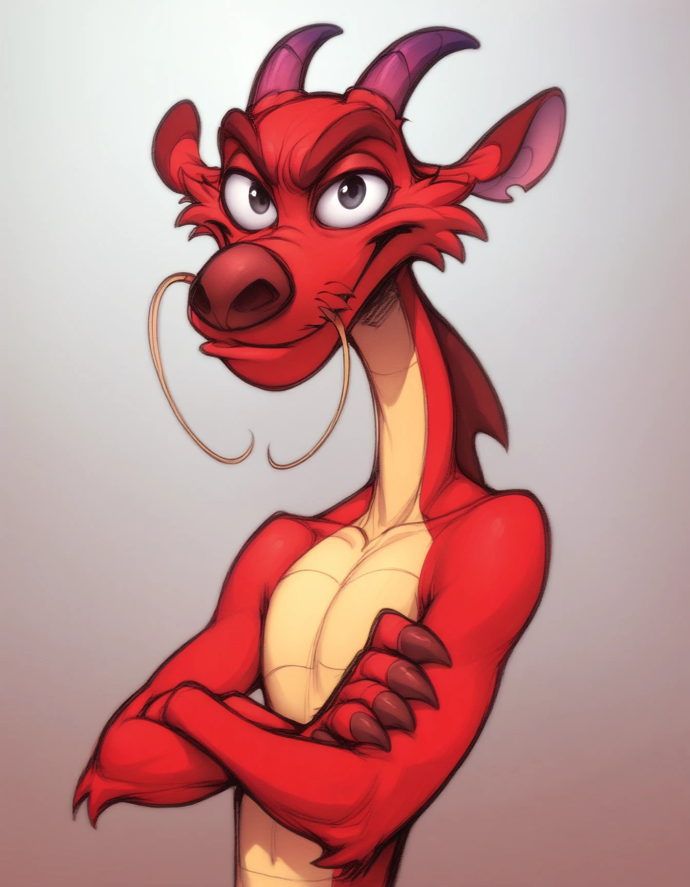 score_9, score_8_up, score_7_up, score_6_up, score_5_up, score_4_up, solo
Mushu, red body, black eyes, purple horns, skinny, claws, gradient background, looking at viewer, crossed arms, portrait
 <lora:Mushu_XL:1>