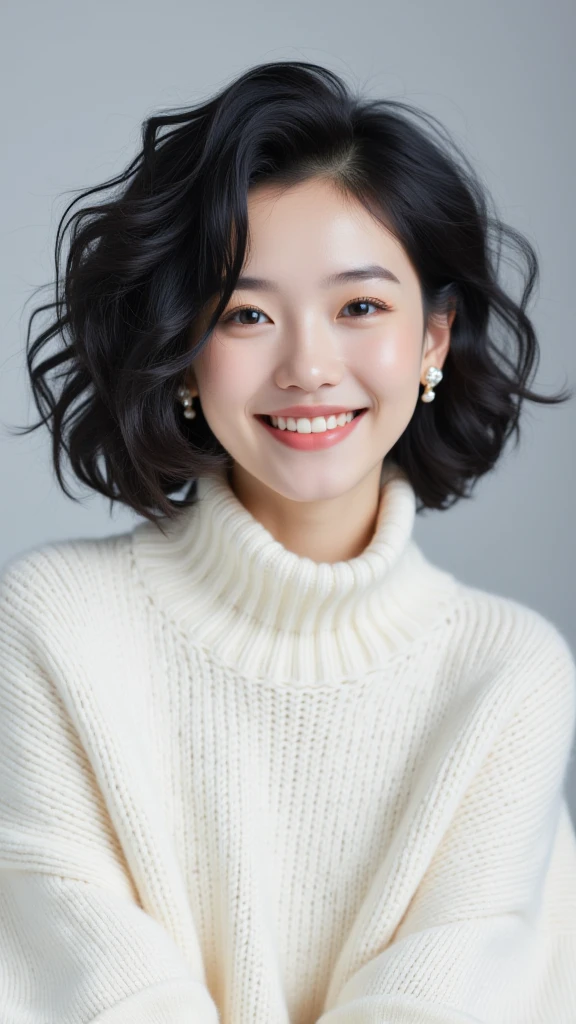 chinese girl smile,black short curly hair,realistic photography,white sweater,half body