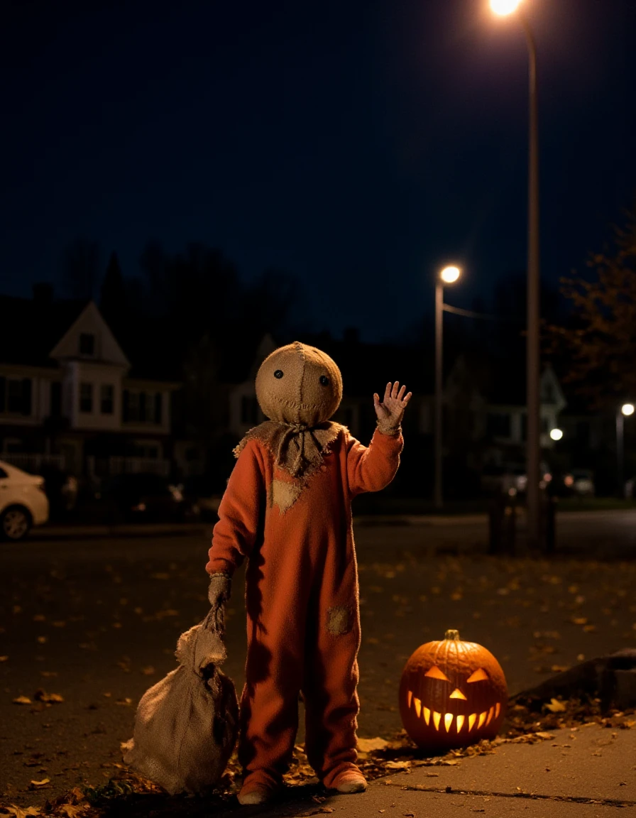 <lora:Sam_Flux:1> halloween night, fallen leaves, standing on a street corner under a lamp, there's a jack-o-lantern beside him, dragging a large burlap bag, waving at the viewer