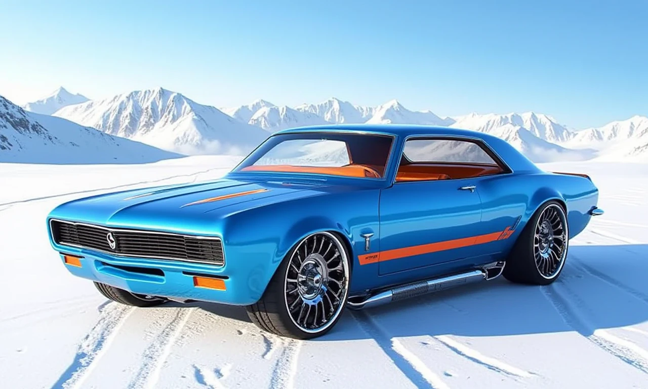 a photo of a 1965 Chevrolet Corvair Corsa,at the Snow-Covered Mountains â Majestic, towering peaks dusted with snow.,This is a highly detailed photo of a sleek, retro-style sports car. The car, painted in a vibrant blue with orange racing stripes running along the side, has a classic yet futuristic design. The front end features a large, rectangular grille with a black background and white horizontal lines, flanked by two round headlights. The hood is smooth and curves into the car's sleek, aerodynamic body. The car's side profile showcases a distinct, muscular design with pronounced wheel arches and a low, wide stance. the car's chrome rims are oversized and intricate, adding to its flashy appearance.
 in the style of  <lora:Pimp my Ride - Flux1.D:1>