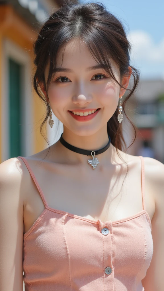 chinese girl smile,realistic photography,in the sunshine,upper body,dynamic clothes,choker,earrings,