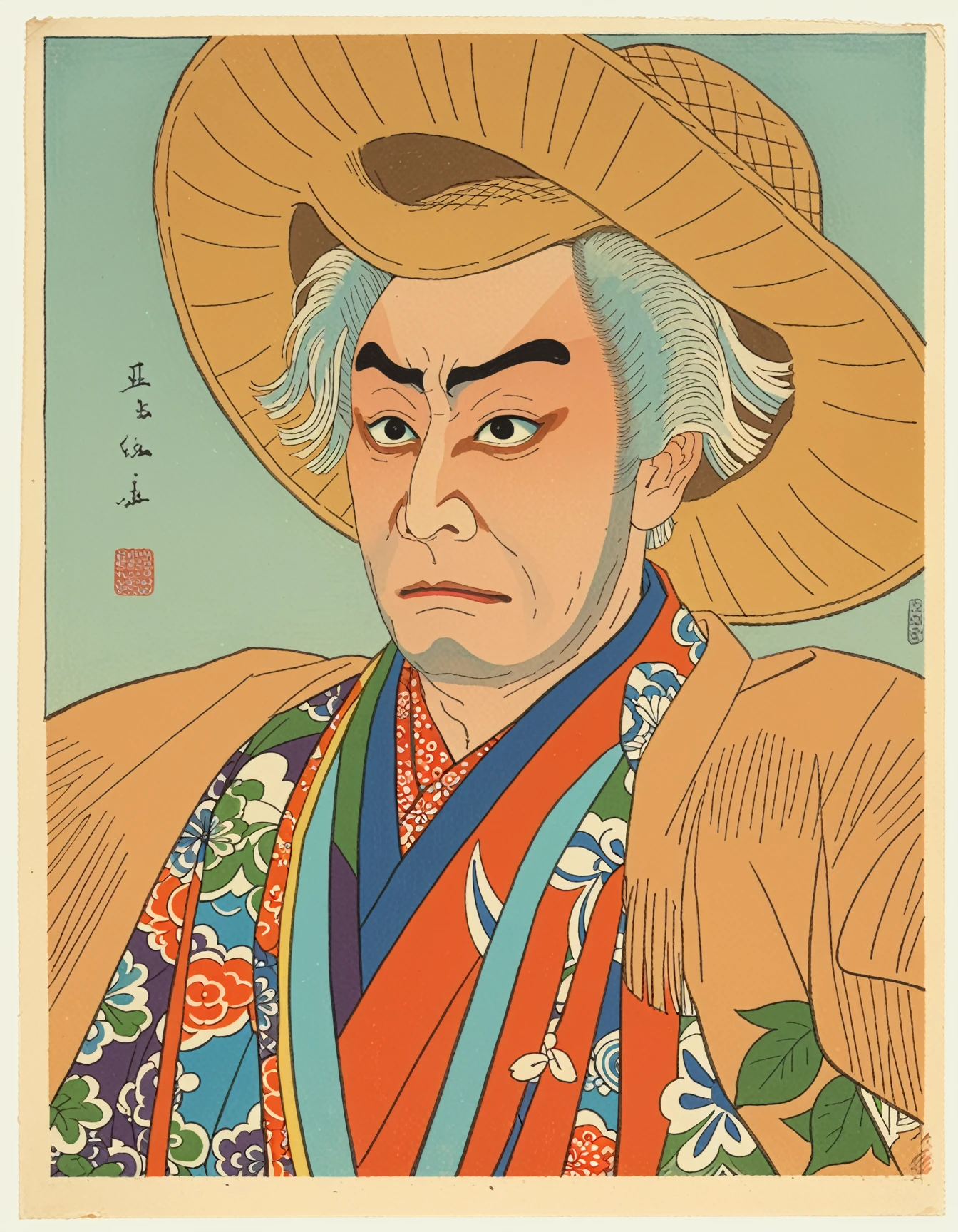 <lora:natori-shunsen_pony_v6:1> '  in the role of mitsuhide ' by shunsennatori in 1952, yakusha-e \(genre\), shin-hanga \(style\), the artwork is a japanese woodblock print depicting a man wearing a colorful costume and a straw hat, score_9, score_6_up, score_7_up