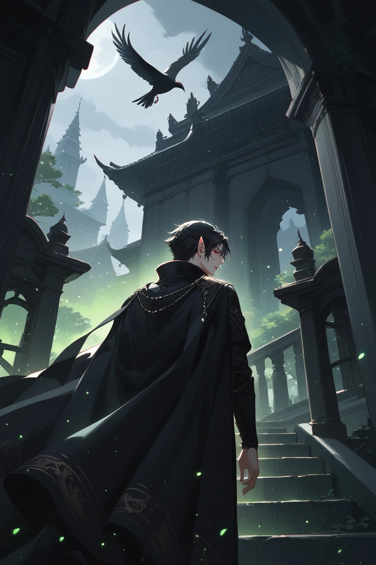 score_9, score_8_up, score_7_up, source_anime, rating_safe, night, dark, natural lighting, black birds, male focus, black hair, pointed ears, red eyes, looking back, black cape, black temple, black magic, green particles, intricately detailed illustration, selective coloring, depth of field, atmospheric perspective, from below, high fantasy, black theme, from behind, from below, dutch angle,