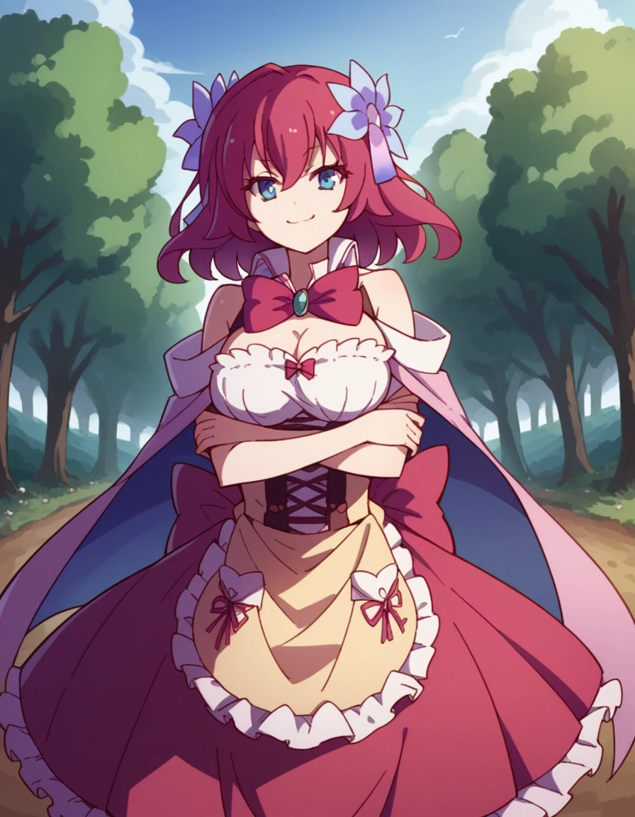 score_9, score_8_up, score_7_up, source_anime, <lora:stephanie-dola-s1-ponyxl-lora-nochekaiser:1>, stephanie dola, blue eyes, hair ornament, flower, red hair, hair flower, large breasts,, dress, bow, bare shoulders, cape, red bow, gemstone, apron, skirt, frills, high collar, cleavage,, bike ride, countryside, dirt road, trees, afternoon sun, peaceful, alone, smile, looking at viewer, crossed arms, smile, smug, solo,, cowboy shot, dutch angle