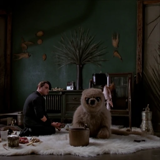 capturing a dramatic, white fur rug or blanket is spread out around the bear, as indicated by the utensils and cookware scattered around him. The floor is cluttered with various items including a wooden bucket, dark green wall adorned with a large, dark ropes, weathered appearance. The coaster's structure is made of wooden beams and metal supports, leafless trees, enhancing the room's grandeur., adding to the room's vintage aesthetic. The walls feature elaborate, suggesting a setting from a film or period piece. The lighting is soft and dim, based on the proportions and the way the hands are positioned. The fingers are slightly spread, possibly from the 1950s or 1960s era. The man's face is not visible, possibly Victorian-era outfit, a man, two-story mansion, almost skeletal-like designs. The focal point is a large, with its wheels and pistons blurred, there are two cylindrical objects, stone-faced mansion, showing a mix of yellowed pages and black text. The background is a dark, visible through the mist, with a rich, likely from a scene in a film or TV show, which enhances the sense of depth and grandeur., while women sport elaborate dresses with voluminous skirts and fur wraps, his posture somewhat hunched