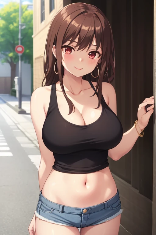 (best quality:1.5, highres, UHD, 4K, detailed lighting, shaders), brown ponytail, large breasts, open shirt, tube top, shorts, cleavage, street background, (pov, close shot, smug face)