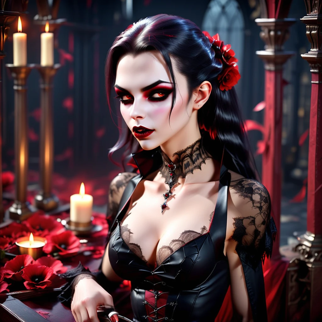 Raven Noir is a striking woman figure with long, raven-black hair that cascades down her back in waves. Her pale skin contrasts sharply with her dark attire. She has piercing grey eyes that seem to hold a depth of unspoken secrets. Standing at a medium height, her presence accentuated by her elegant, gothic attire, often featuring dark, lacy dresses and a choker with a silver pendant. She moves with a grace that both alluring and slightly unnerving amazing artwork of sexy cute goth vampire woman, long hair, ahegao, materpiece, d, amazing lighting, in a church, artstation, award winning, stunning, aesthetic, depth, shading. A full shot of a beautiful vampire goth woman with vampire fangs dripping blood all over her body, black hair white skin, big boobs, cinematic lighting, candle lit, ((wearing stockings and garter)) (((no clothes))), (((naked))), (delicate nipples), (tight pussy). Realistic, photorealism, 4k. Sexy gaze, (((NSFW)))