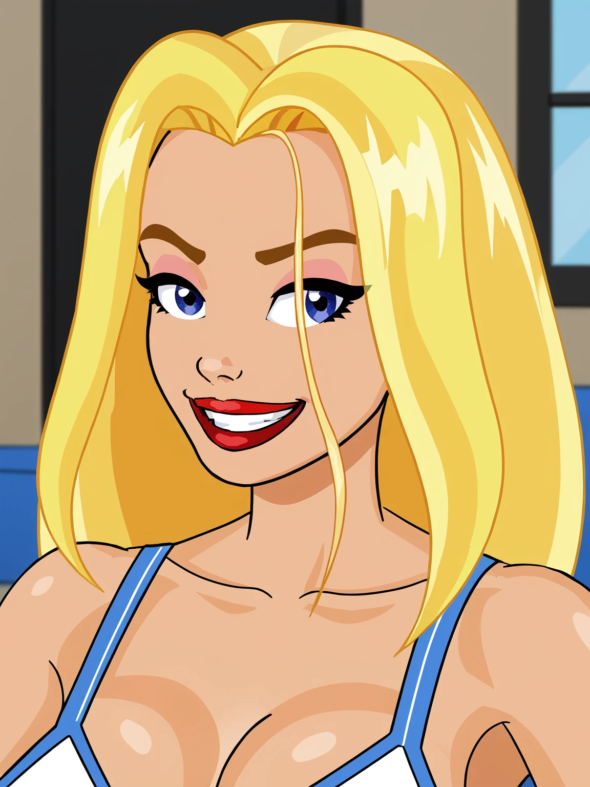 jessica,1girl, solo, blonde hair,short hair,  bikini, standing, smile, looking at viewer, lips,necklace, bracelet,arms behind back,tank top, shorts,    <lora:CyanCapsule-LoCon-V2:0.5>  <lora:Jessica(AD)-000004:0.65>