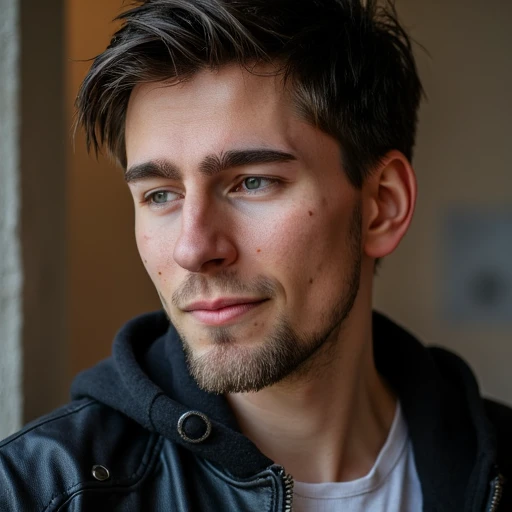 Portrait of a man named Axel. Side view, parted lips with a slight smirk.