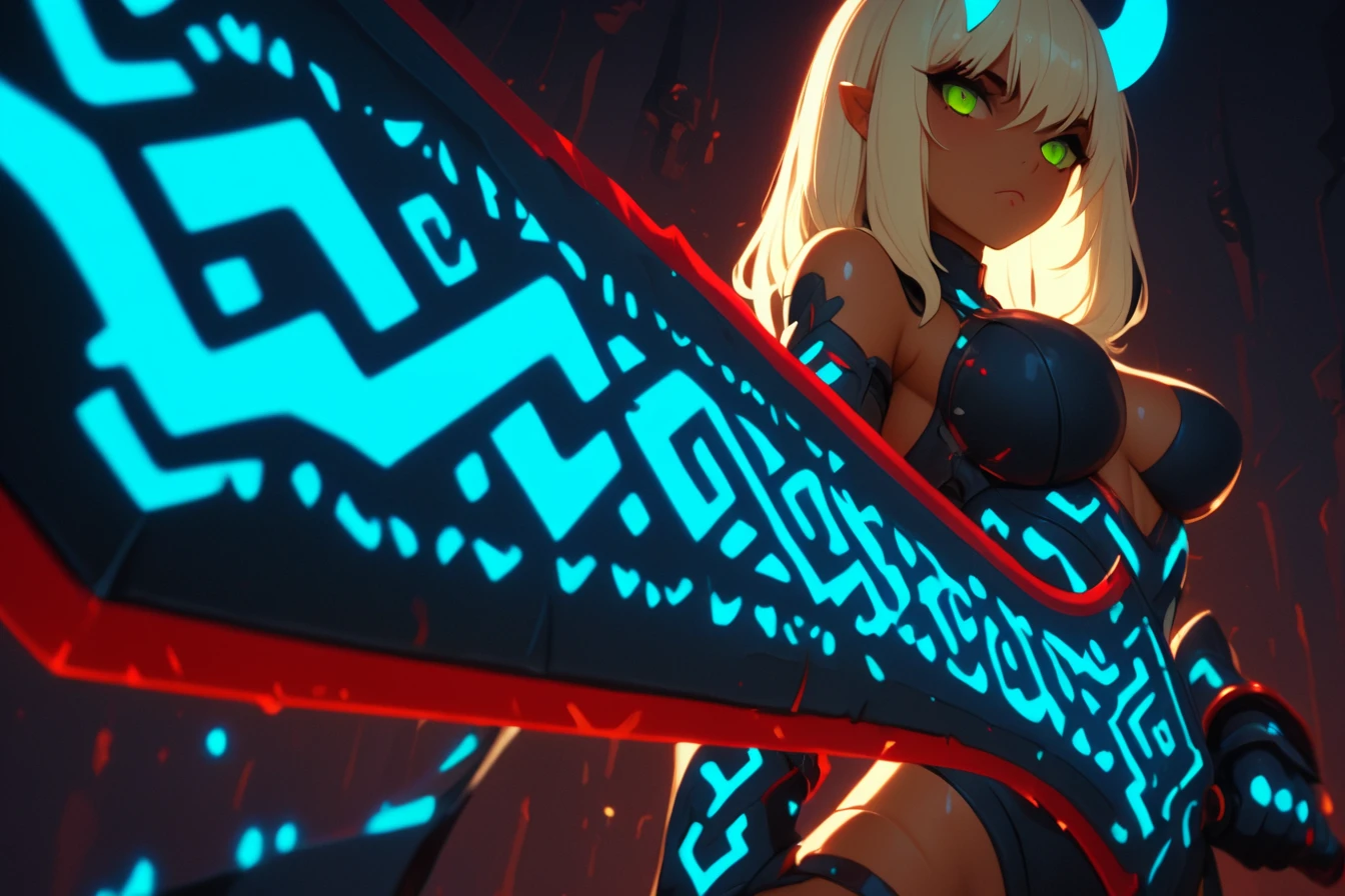 A demon woman with horns in armor holding a sword, the blade is outlined in glowing and had glowing symbols along the blade, dungeon in background, runesword, masterpiece, best quality, highly detailed, sharp focus, dynamic lighting