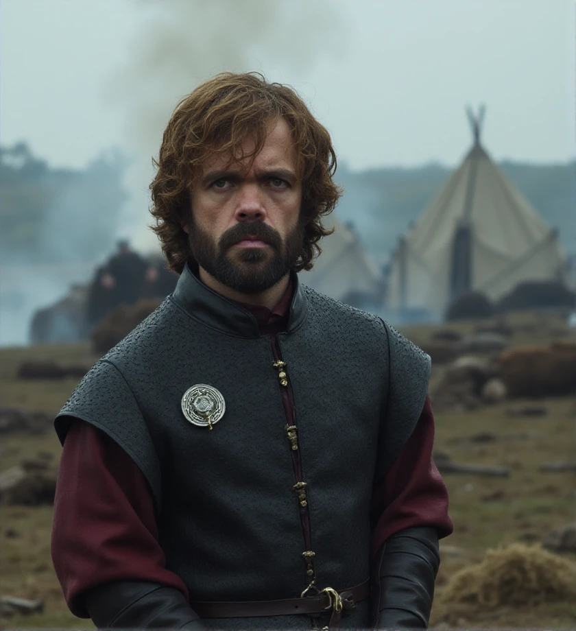 f/2.8 , bokeh,  <lora:tyrion-lannister-flux-t1or4:1.2> t1or4, man, game of thrones style, t1or4 stands on a battlefield, wearing black leather armor with gleaming steel trimmings. Underneath, he wears a red tunic, symbolizing his house. The field is strewn with weapons and bodies, with smoke rising from the burned tents.