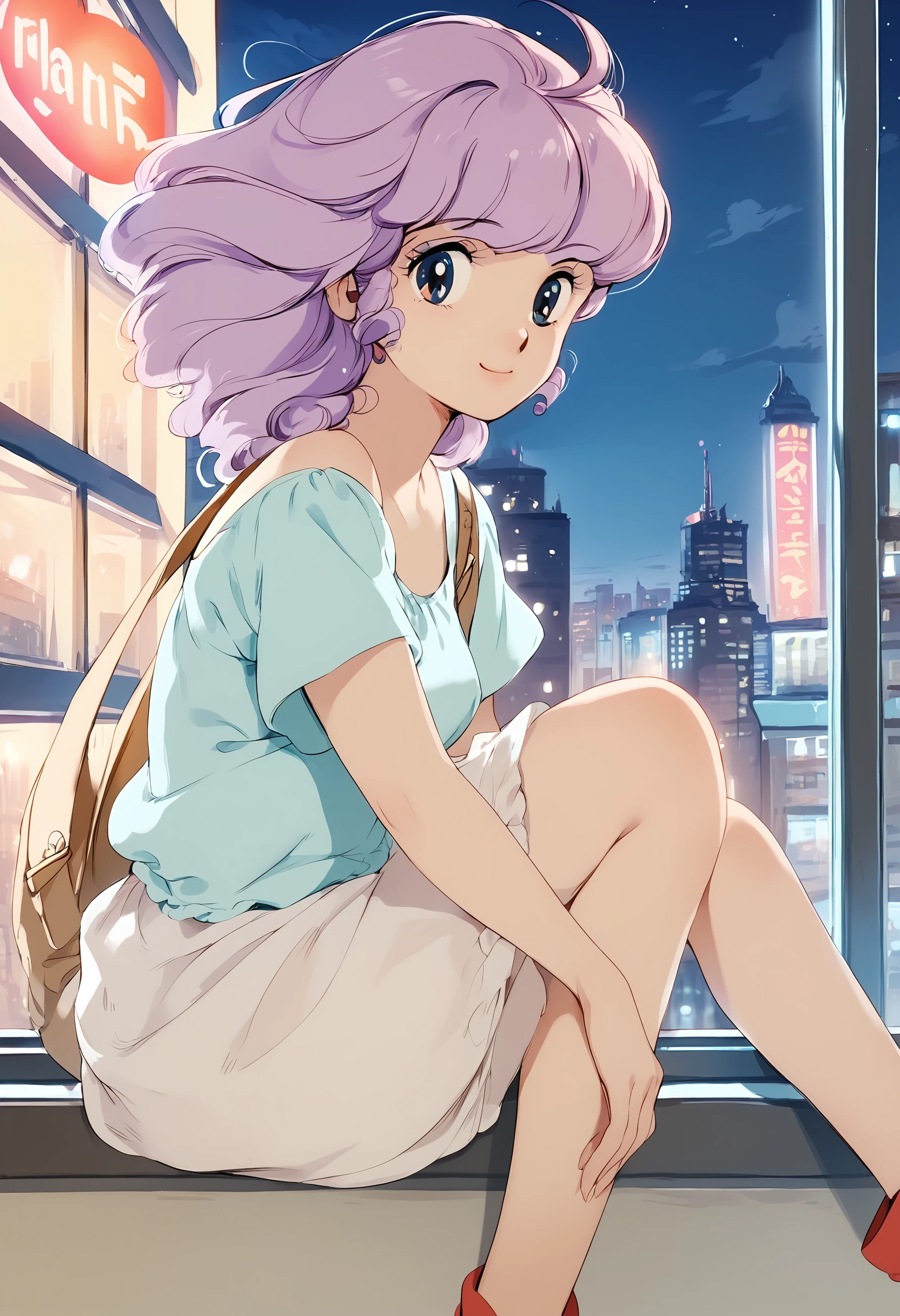 score_9, score_8_up, score_8_up, 1girl,<lora:creamymami_ponyxl_v1:1>, retro artstyle, 1980s \(style\),purple hair,city, cowboy shot.sitting,night, window, skyline,looking at viewer, smile, closed mouth,