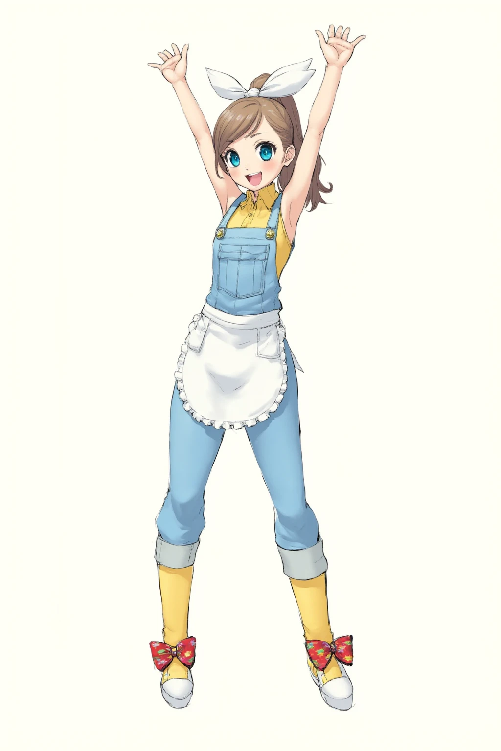 the full-body character design of a female,  a cheerful young woman with large, expressive blue eyes. she has light brown hair styled in a high ponytail with a large white bow, and a small portion of hair framing her face. She is wearing a yellow sleeveless top with a collar and a pair of light blue overalls. The overalls have a white apron tied around the waist, and the pockets are visible. She is also wearing yellow and white shoes with large, colorful bows.  her posture is dynamic, with her arms raised in a celebratory or excited manner, and her mouth open as if she is cheering or shouting.   The overall mood is one of joy and enthusiasm, emphasizing her youthful energy and enthusiasm.  simple background, white background,